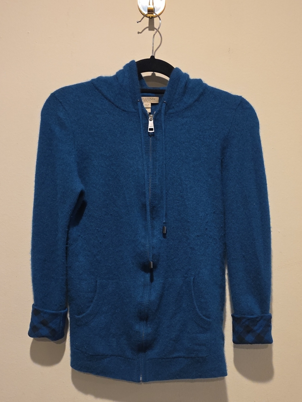 Burberry Teal Blue Zip-Up Hoodie Sweater 100% Cashmere Rare Gorgeous Piece Large